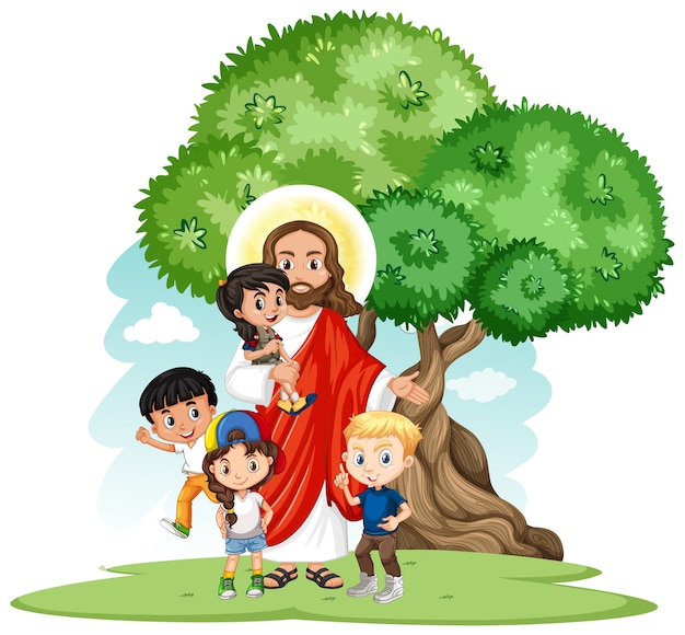 Gesù con un personaggio dei cartoni animati di gruppo di bambini