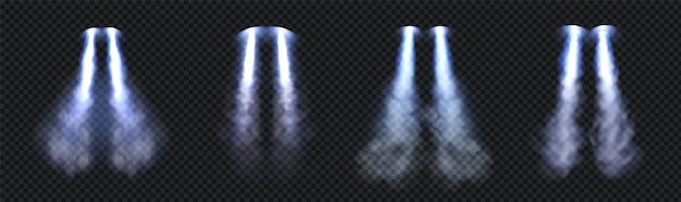 青い火のベクトル効果を持つジェットパック煙雲跡空の空気のロケット速度飛行機雲3dリアルな流れ孤立した飛行機の飛行打ち上げテクスチャテクスチャ宇宙船エンジン尾部透明パック