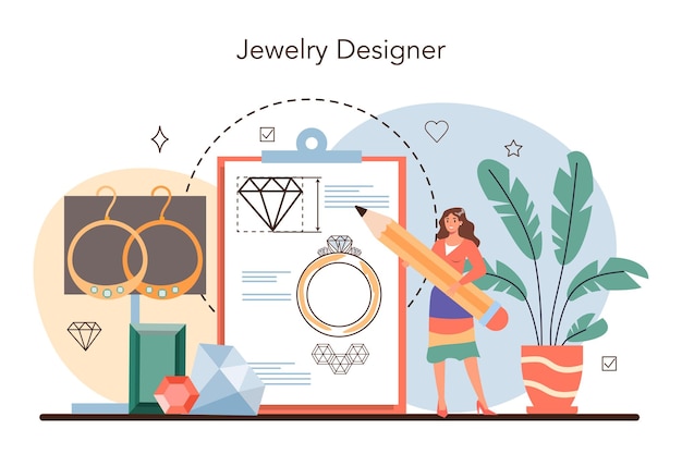 Jeweler concept goldsmith examining and faceting diamond with a craft tools precious stones jewelry designer idea of creative people and professionvector illustration