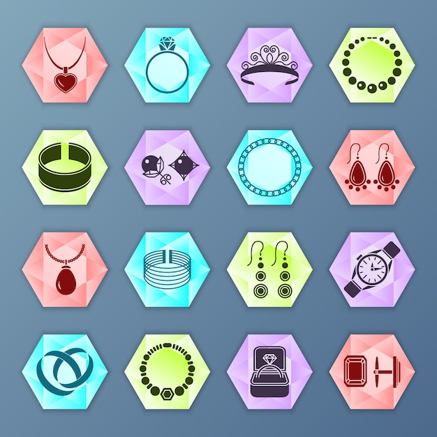 Бесплатное векторное изображение Установленные значки шестиугольника моды аксессуаров ювелирных изделий изолированные