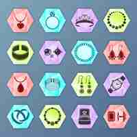 Free vector jewelry accessories fashion hexagon icons set isolated