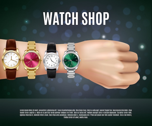 Free vector jewelry realistic composition with watch shop headline men s hand and four different watches