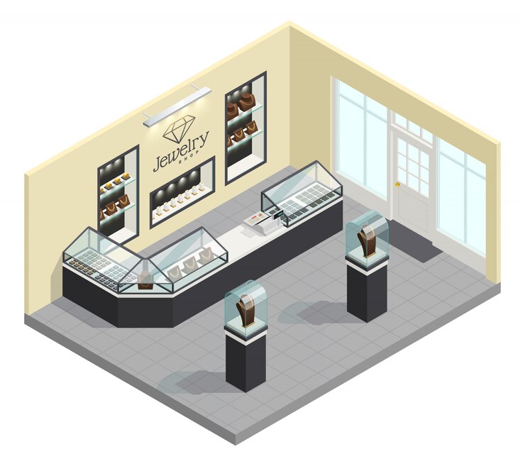 Free Vector jewelry shop isometric interior with female adornments in glass showcases without seller and buyers 