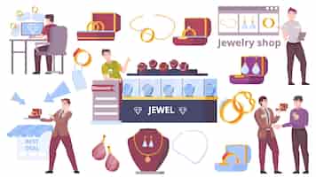 Free vector jewelry store flat set with rings gem earrings necklaces charms bracelets brilliants isolated vector illustration
