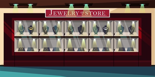 Jewelry store showcase bijouterie and gems boutique advertising poster layout Precious stones sale wedding rings gold and silver necklaces
