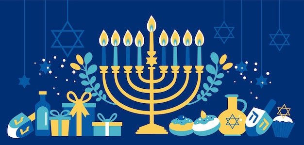 Еврейский праздник ханука поздравительная открытка традиционные символы хануки - свечи меноры, звезда давида иллюстрации на синем.