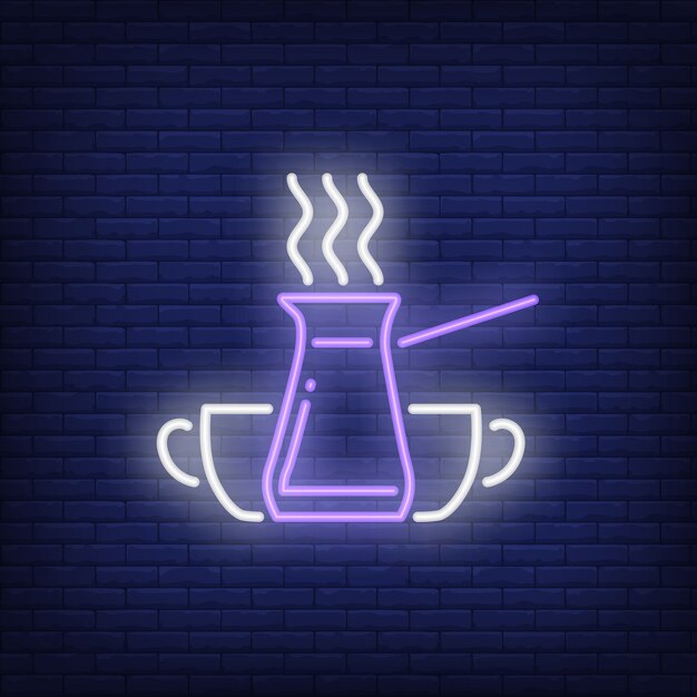 Jezve Turkish coffee pot with steam and cups neon sign