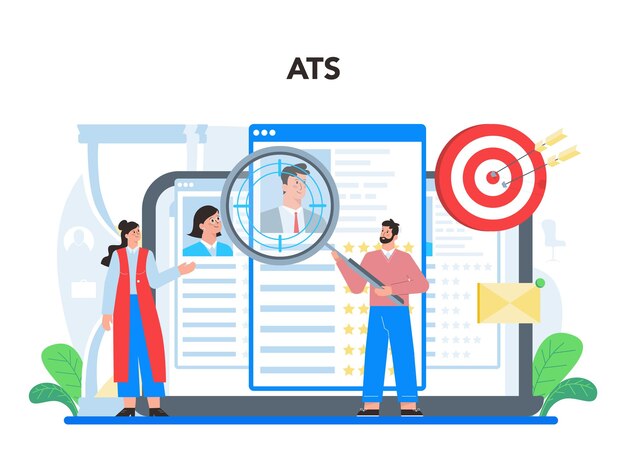 취업 면접 온라인 서비스 또는 플랫폼 채용 및 채용 절차에 대한 아이디어 채용 후보자 ATS 평면 벡터 일러스트를 찾는 모집자