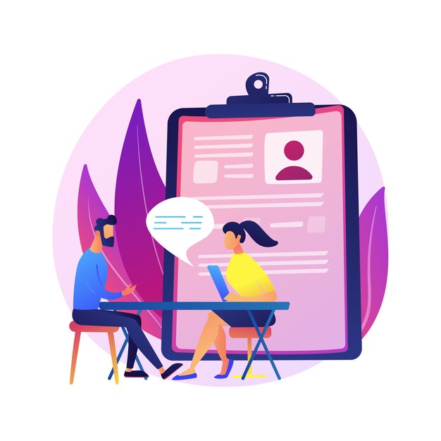 job interview process. hiring new employees. hr specialist cartoon character talking to new candidatee. recruitment, employment, headhunting.  