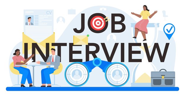 Job interview typographic header Idea of employment and hiring procedure Recruiter searching for a job candidate Isolated flat vector illustration