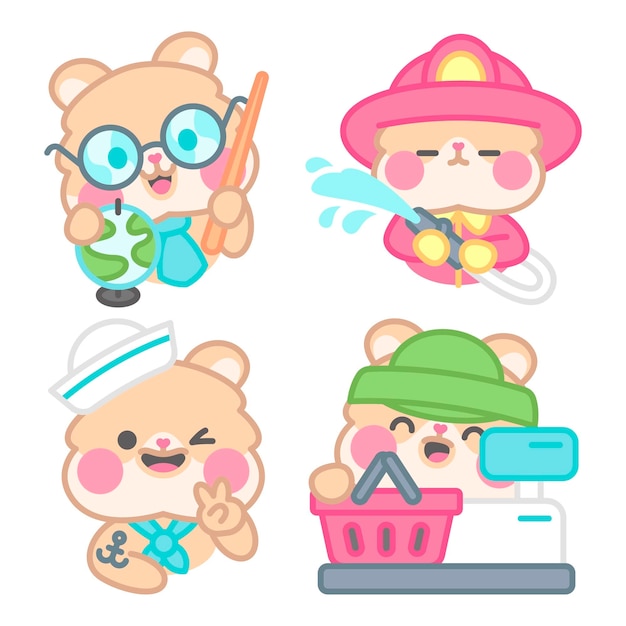 Free vector jobs stickers collection with kimchi the hamster