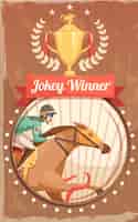 Free vector jockey winner vintage poster with champion cup and rider on galloping horse design elements flat vector illustration
