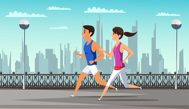 Бесплатное векторное изображение Бегуны с наушниками бегают в симпатичных бегунах-мужчинах, слушая музыку во время тренировки спортсмены в спортивной одежде с помощью беспроводных наушников