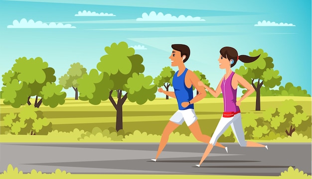 Free vector joggers with earphonesrunning outside male and female runners listening to music while training isolated characters athletes in park using wireless headphones