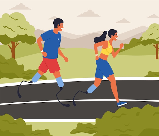 Бегущие персонажи. бегущие женщины и мужчины, бег, бег трусцой и прыжки мужчины и женщины изолировали набор векторных иллюстраций. бегуны-спортсмены-персонажи. спортсмены с ограниченными возможностями на марафоне
