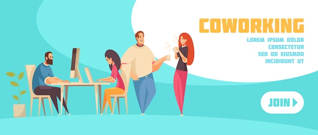 Vettore gratuito unisciti al banner orizzontale di coworking web con un gruppo di creativi seduti al computer portatile e che parlano di caffè illustrazione piatta