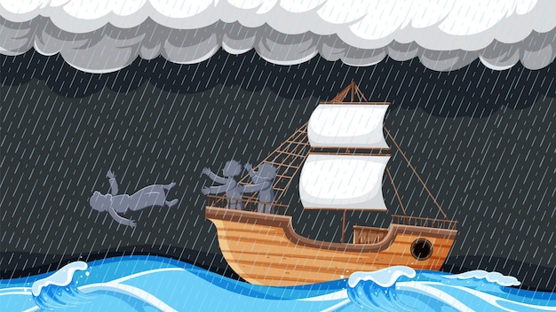Free vector jonah and the big fish ship caught in storm