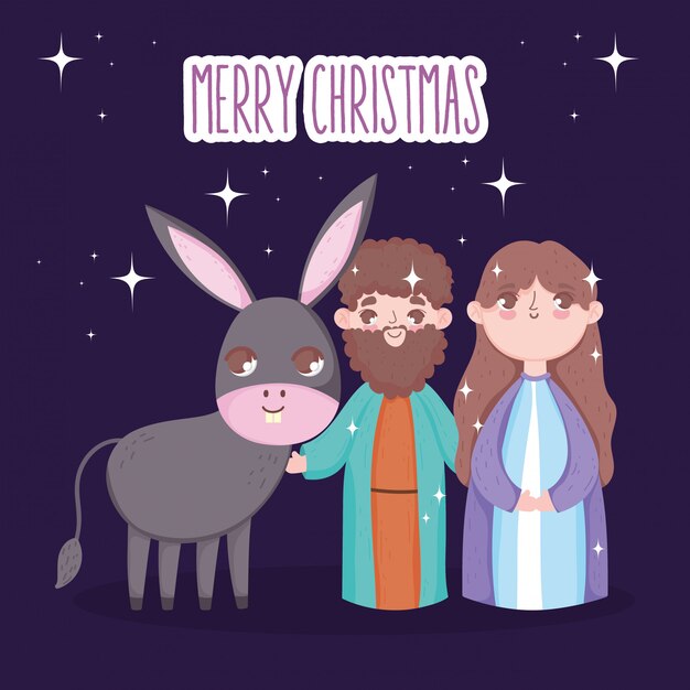 Premium Vector Joseph And Mary With Donkey Manger Nativity Merry Christmas
