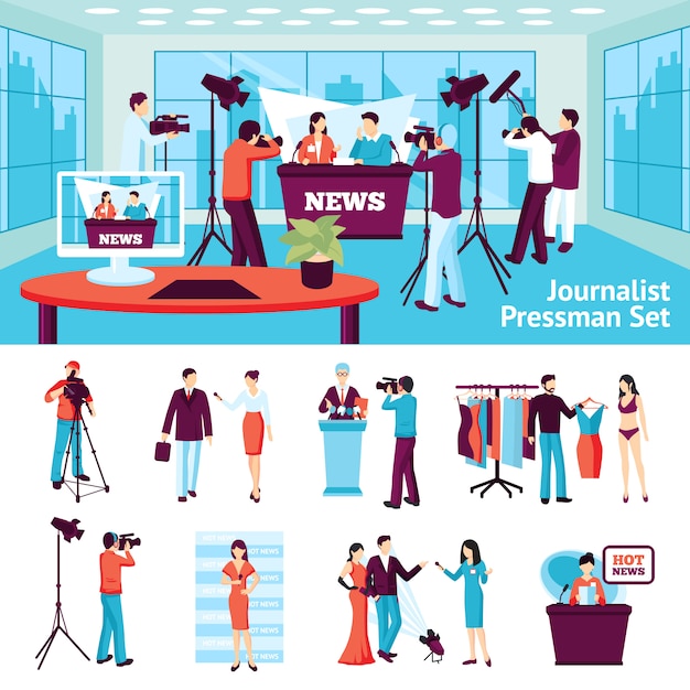 Бесплатное векторное изображение Набор журналистов и журналистов