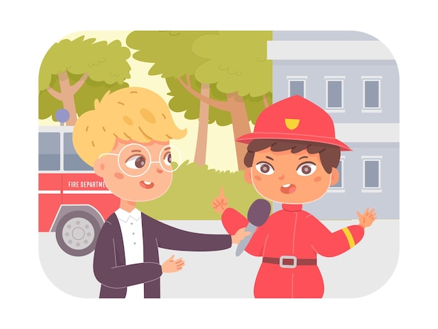 Free vector journalist interview with kid fireman boy child professional news reporter character standing interviewing firefighter for tv channel children work on television news