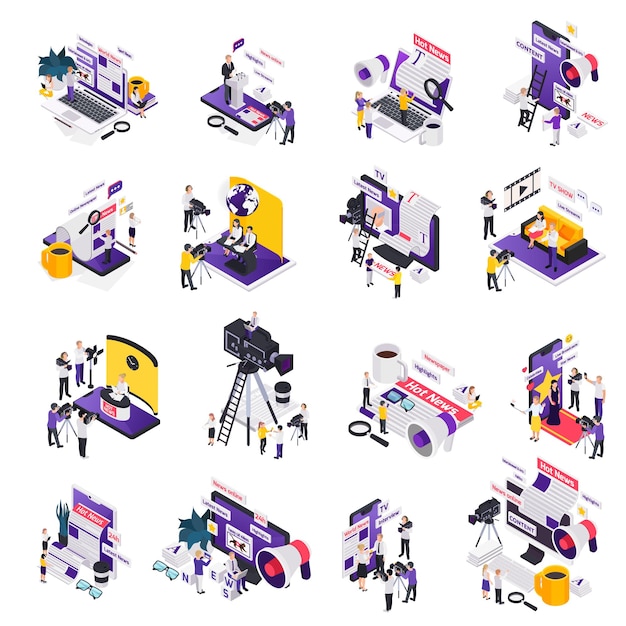 Free vector journalistis reporters news media isometric icon set with hot online news content descriptions