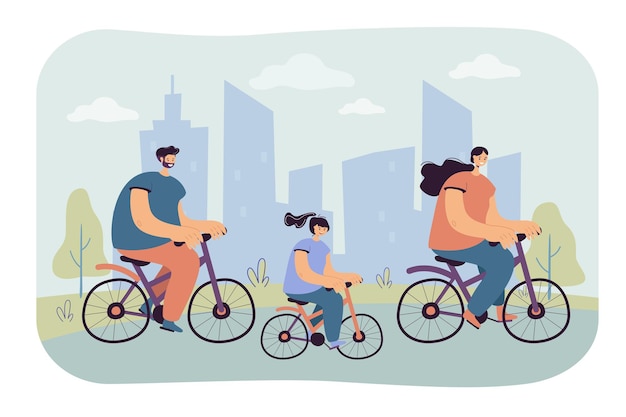 Free vector joyful family riding bikes in city park isolated flat  illustration. cartoon illustration