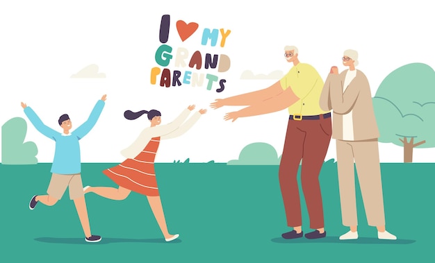 Free vector joyful grandchildren characters meeting grandparents. happy family visit grandfather and grandmother