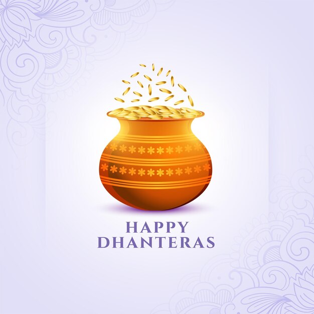 Joyful happy dhanteras worship background with golden coin pot design vector