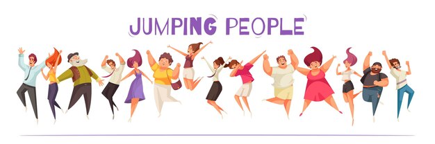Joyful jumping people set with happiness