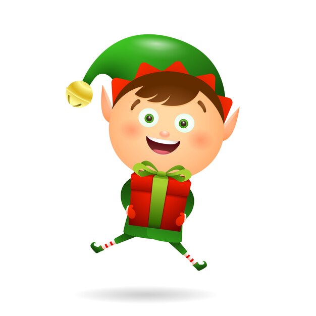 Joyful Xmas elf holding gift