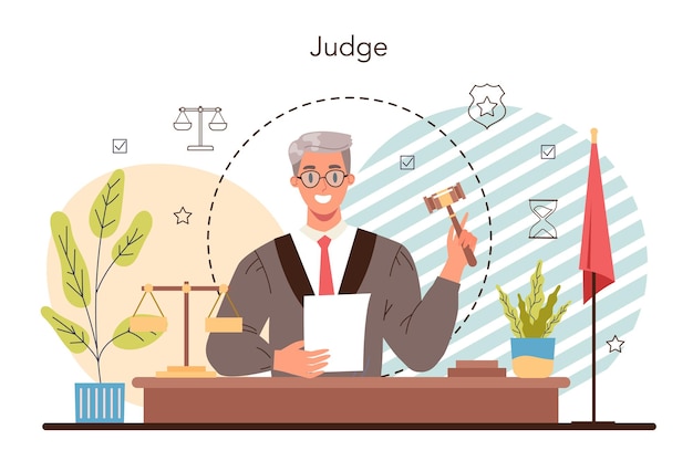 Free vector judge concept court worker stand for justice and law judge in traditional black robe hearing a case and sentencing judgement and punishment idea isolated flat vector illustration
