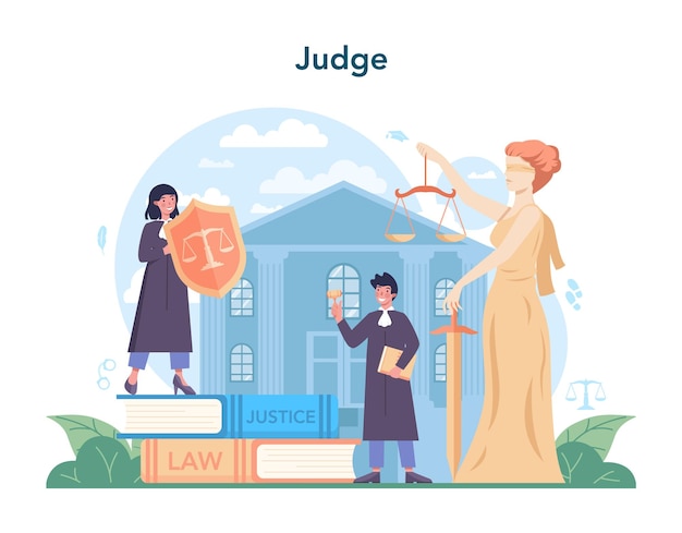 Judge concept Court worker stand for justice and law Judge in traditional black robe hearing a case and sentencing Judgement and punishment idea Isolated flat vector illustration