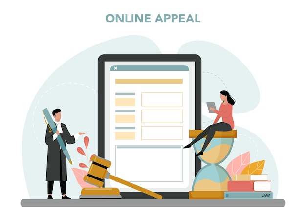 Judge online service or platform Court worker stand for justice and law Judge in traditional black robe hearing case Online appeal Flat vector illustration