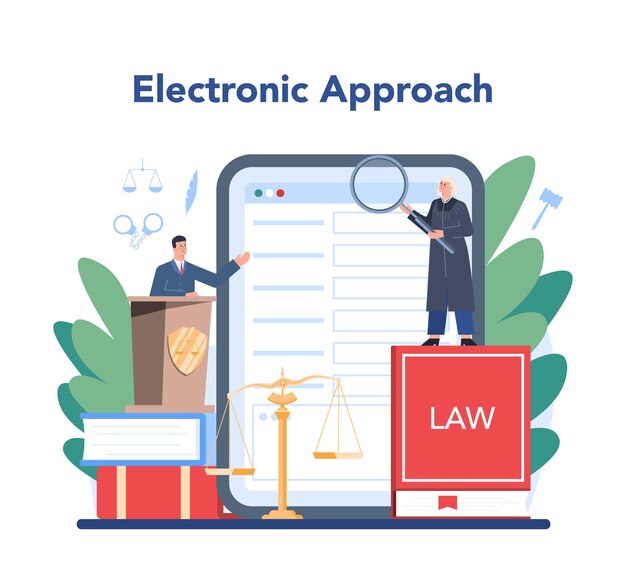 Judge online service or platform Court worker stand for justice and law Judge in traditional black robe hearing a case and sentencing Isolated flat vector illustration