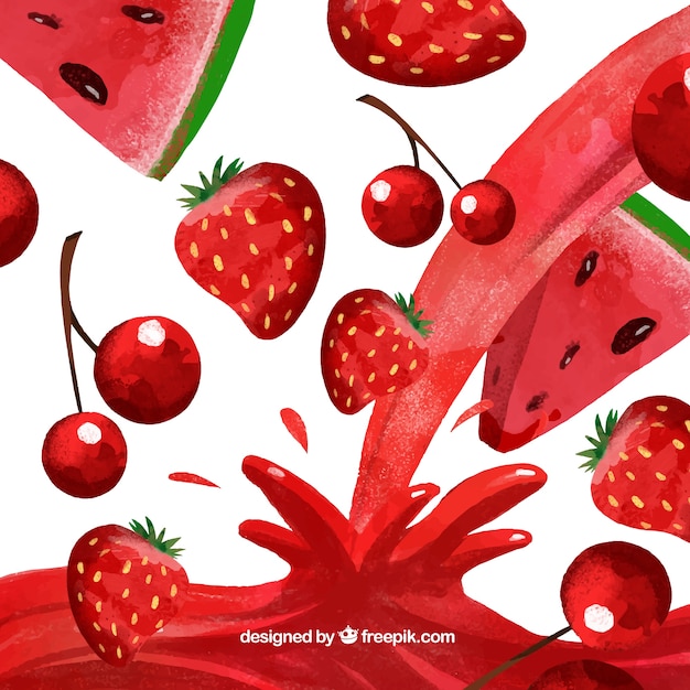 Juice background with watermelon, cherry and strawberry in watercolor style