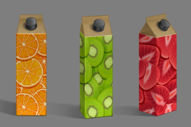 免费矢量果汁包装实物纸盒与水果