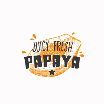 Сочная этикетка из свежей папайи или шаблон логотипа, нарисованный от руки фруктовый эскиз с игривой типографикой ...