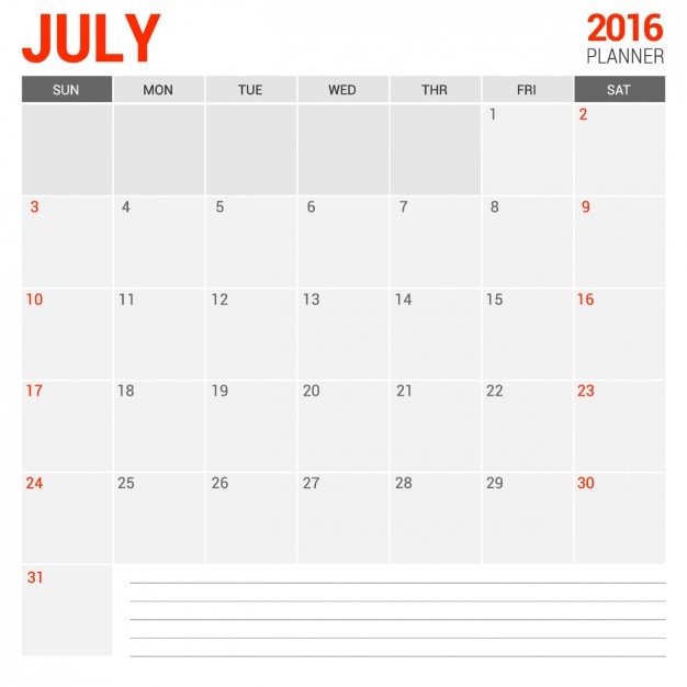 July monthly calendar 2016