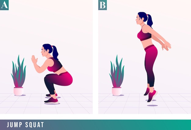 Jump squat exercise woman workout fitness aerobic and exercises Premium Vector