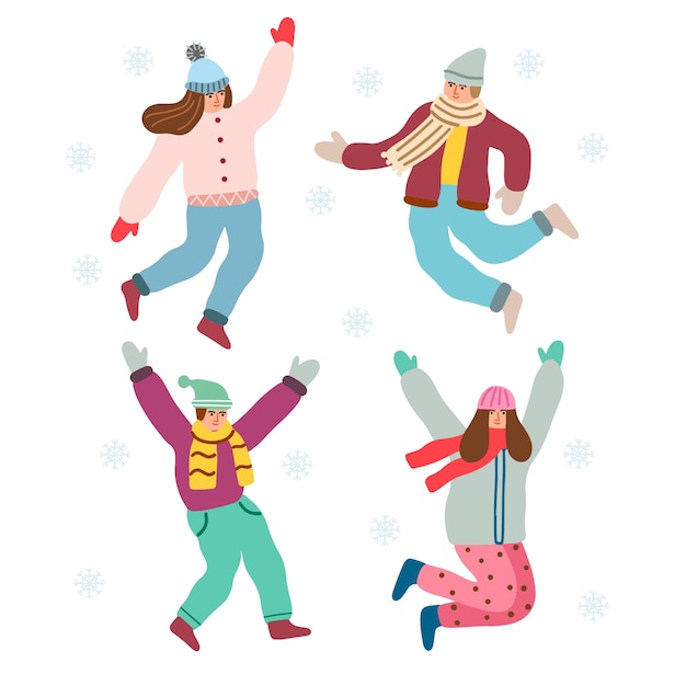 Jumping people wearing winter clothes