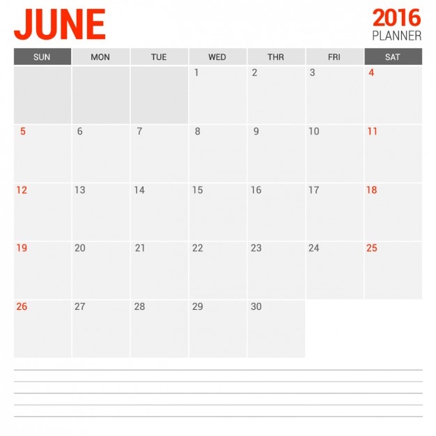 Бесплатное векторное изображение Июнь 2016 ежемесячный календарь