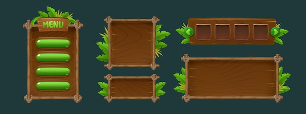 Free vector jungle adventure game ui elements isolated on background vector cartoon illustration of wooden boards with bamboo frame menu background with buttons shop template green tropical plants decoration