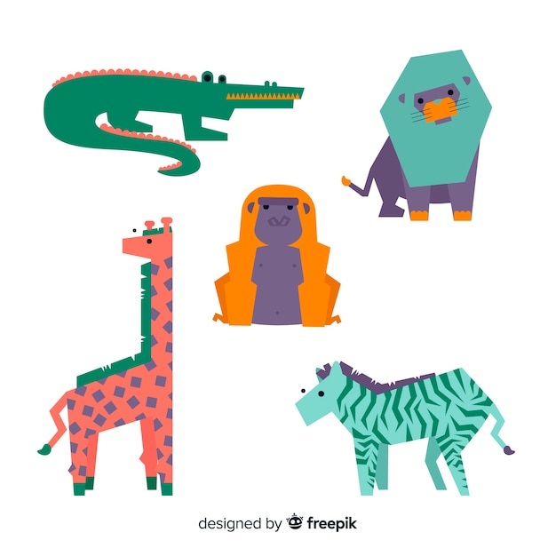 Jungle animals set: crocodile, alligator, lion, giraffe, zebra