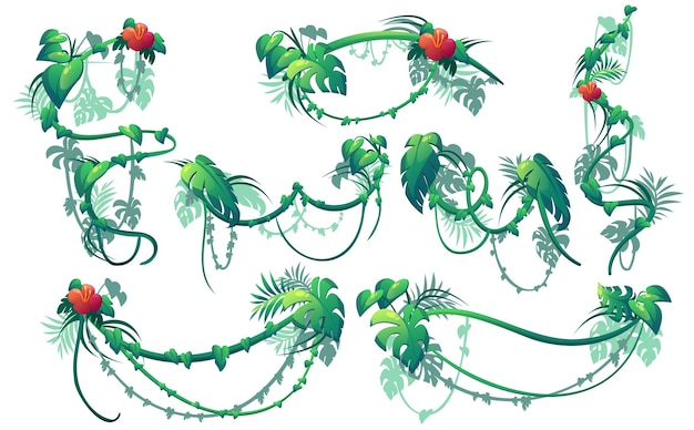 Бесплатное векторное изображение Лианы джунглей с зелеными листьями и красными цветами