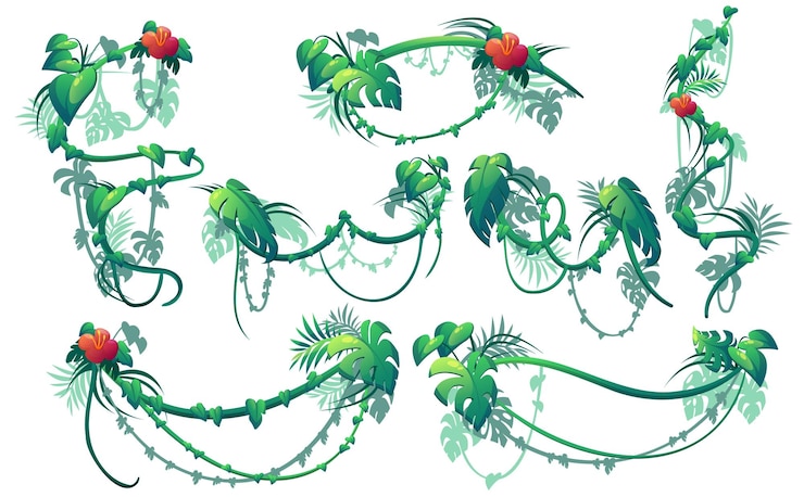 無料Vector ジャングルクリーパーは、緑の葉と赤い花とつる植物を植えます