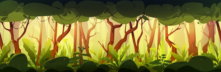 Free Vector jungle forest seamless game landscape background fairytale fantasy woodland nature adventure animation scene with trunk green leaves and bush sunny summer mysterious park panorama with nobody