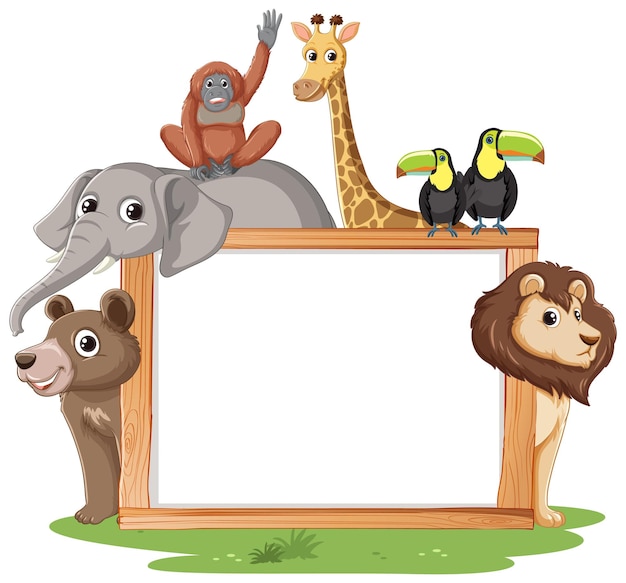 Free vector jungle friends with blank signboard