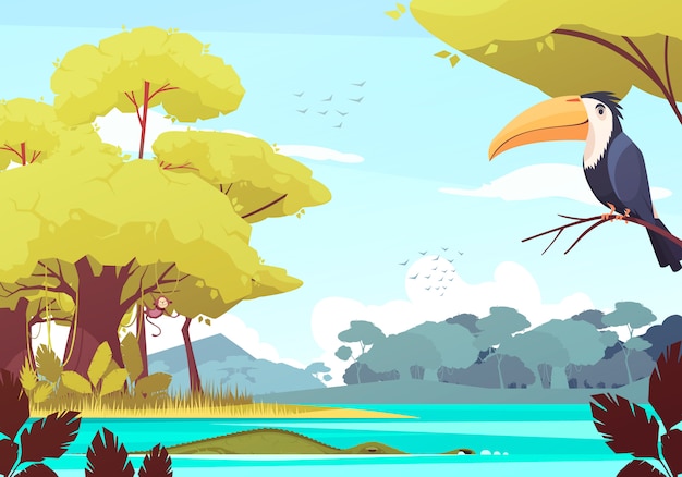 Jungle landscape with monkey on tree, crocodile in river, flock of birds in sky cartoon illustration