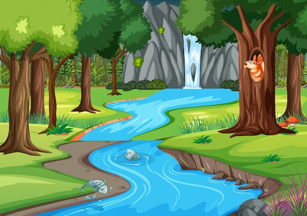 Jungle scene with many trees and waterfall