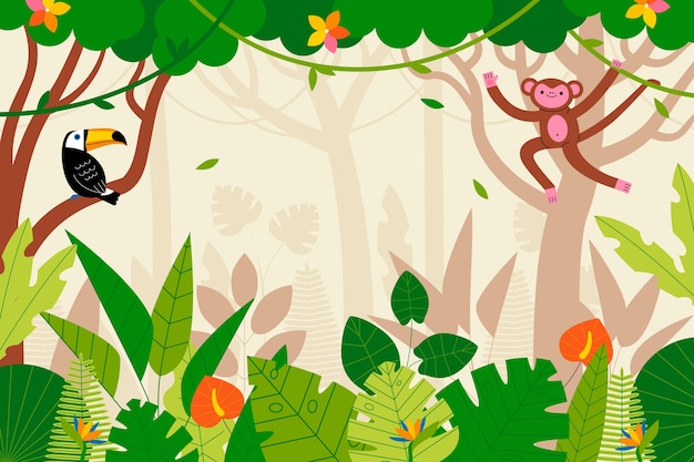 Бесплатное векторное изображение Сцена в джунглях с обезьяной и туканом